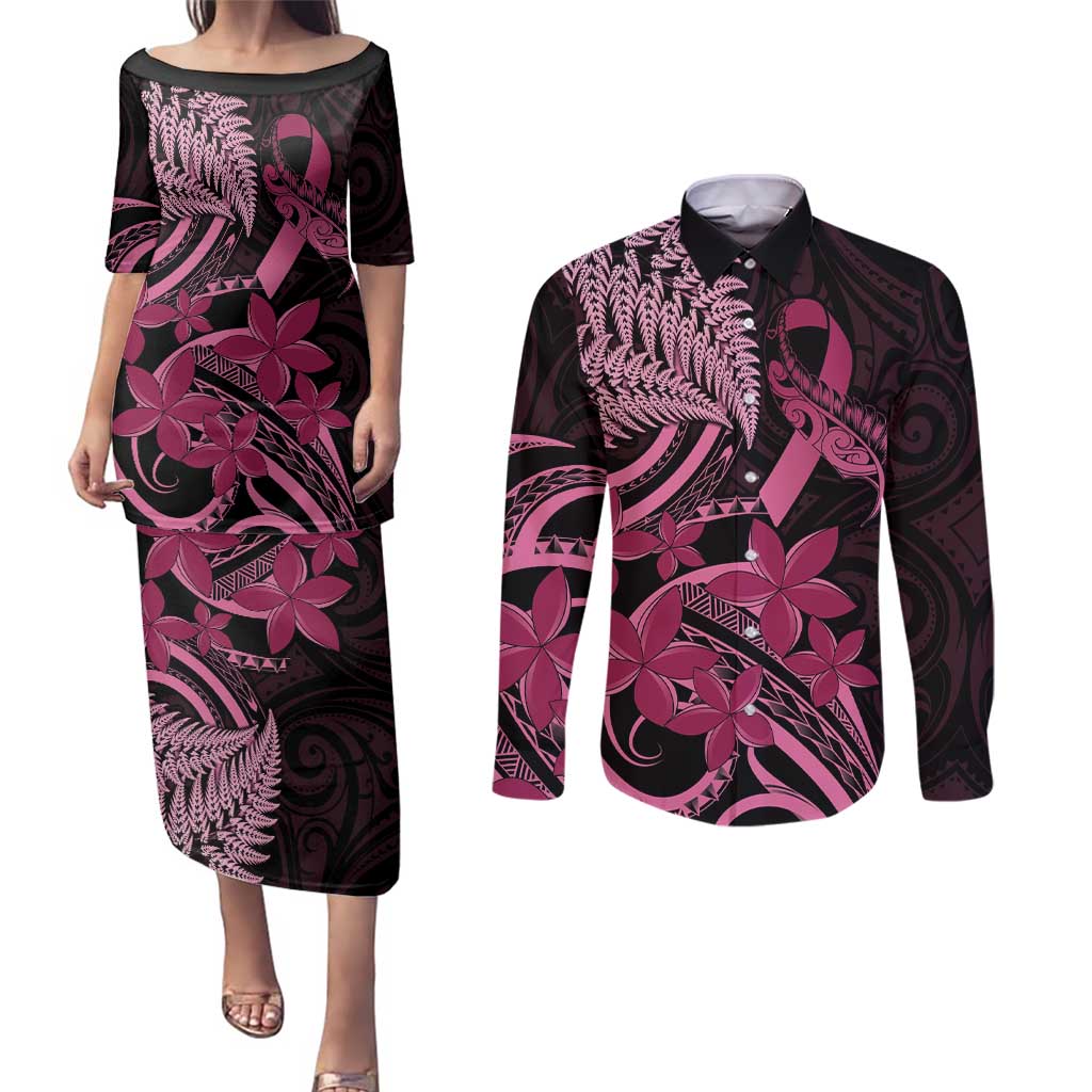 Aotearoa Maori Couples Matching Puletasi and Long Sleeve Button Shirt Pink Fern Ribbons on Black - Polynesian Pride