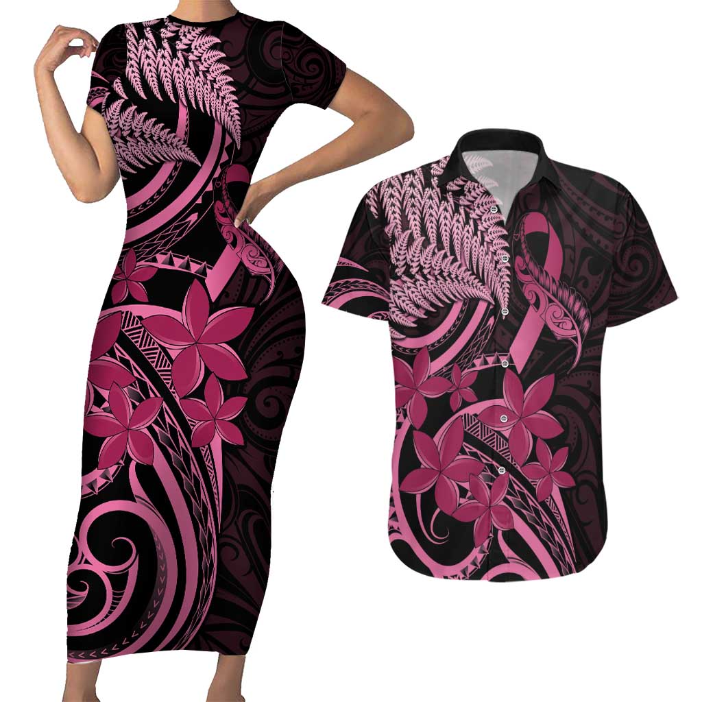 Aotearoa Maori Couples Matching Short Sleeve Bodycon Dress and Hawaiian Shirt Pink Fern Ribbons on Black - Polynesian Pride