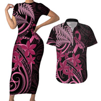 Aotearoa Maori Couples Matching Short Sleeve Bodycon Dress and Hawaiian Shirt Pink Fern Ribbons on Black - Polynesian Pride