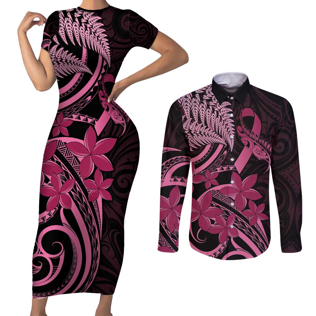 Aotearoa Maori Couples Matching Short Sleeve Bodycon Dress and Long Sleeve Button Shirt Pink Fern Ribbons on Black - Polynesian Pride