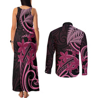 Aotearoa Maori Couples Matching Tank Maxi Dress and Long Sleeve Button Shirt Pink Fern Ribbons on Black - Polynesian Pride
