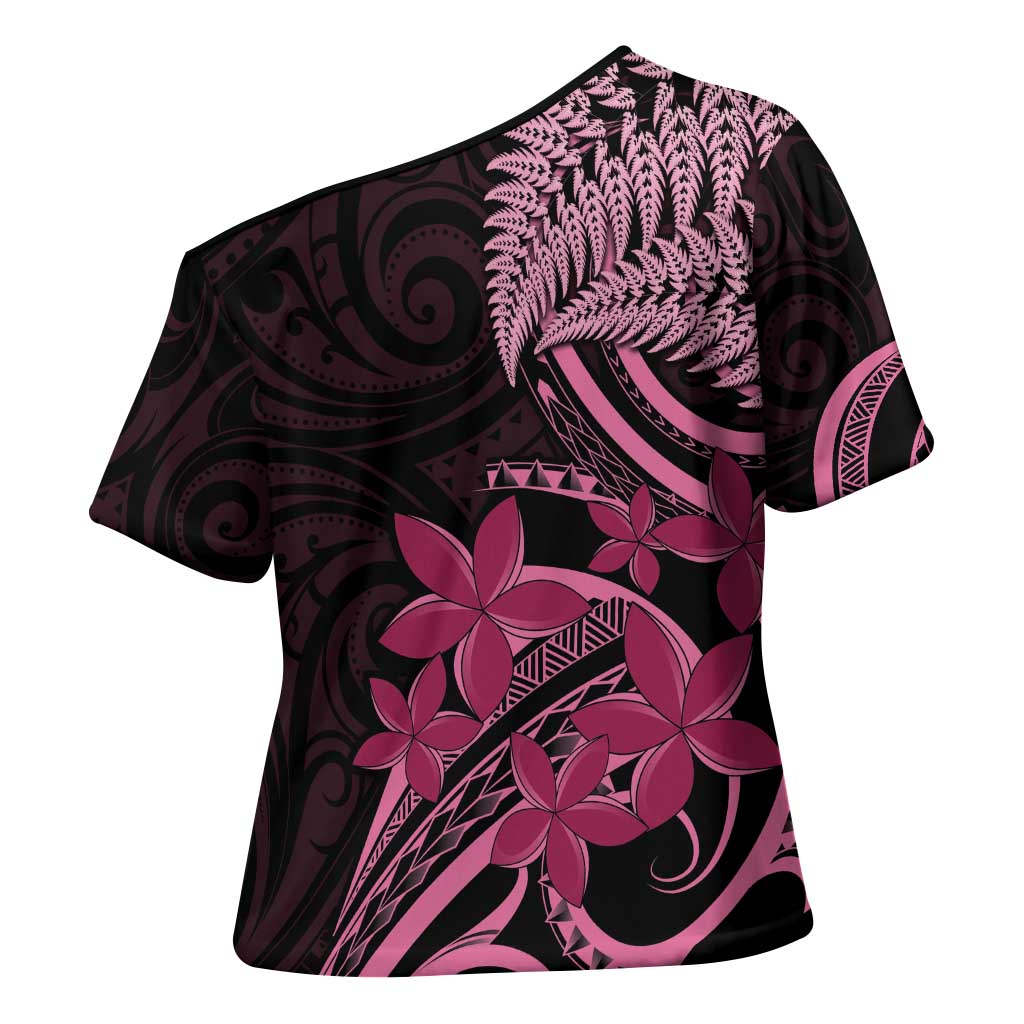 Aotearoa Maori Cross Shoulder Shirt Pink Fern Ribbons on Black - Polynesian Pride