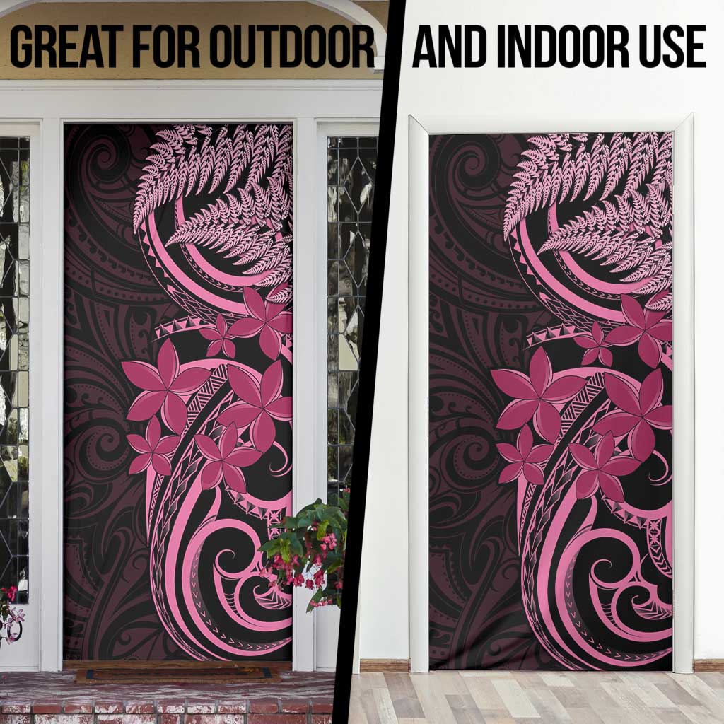 Aotearoa Maori Door Cover Pink Fern Ribbons on Black - Polynesian Pride