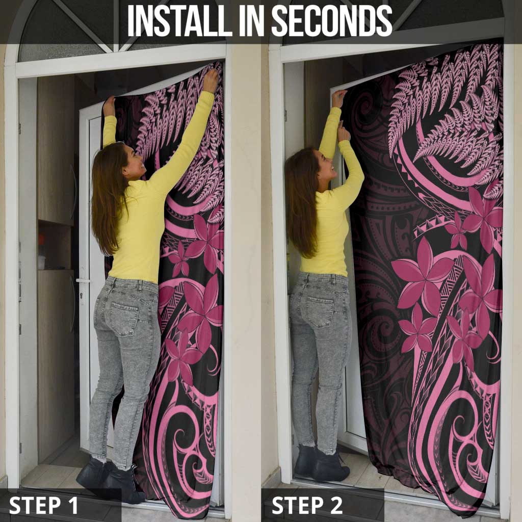 Aotearoa Maori Door Cover Pink Fern Ribbons on Black - Polynesian Pride