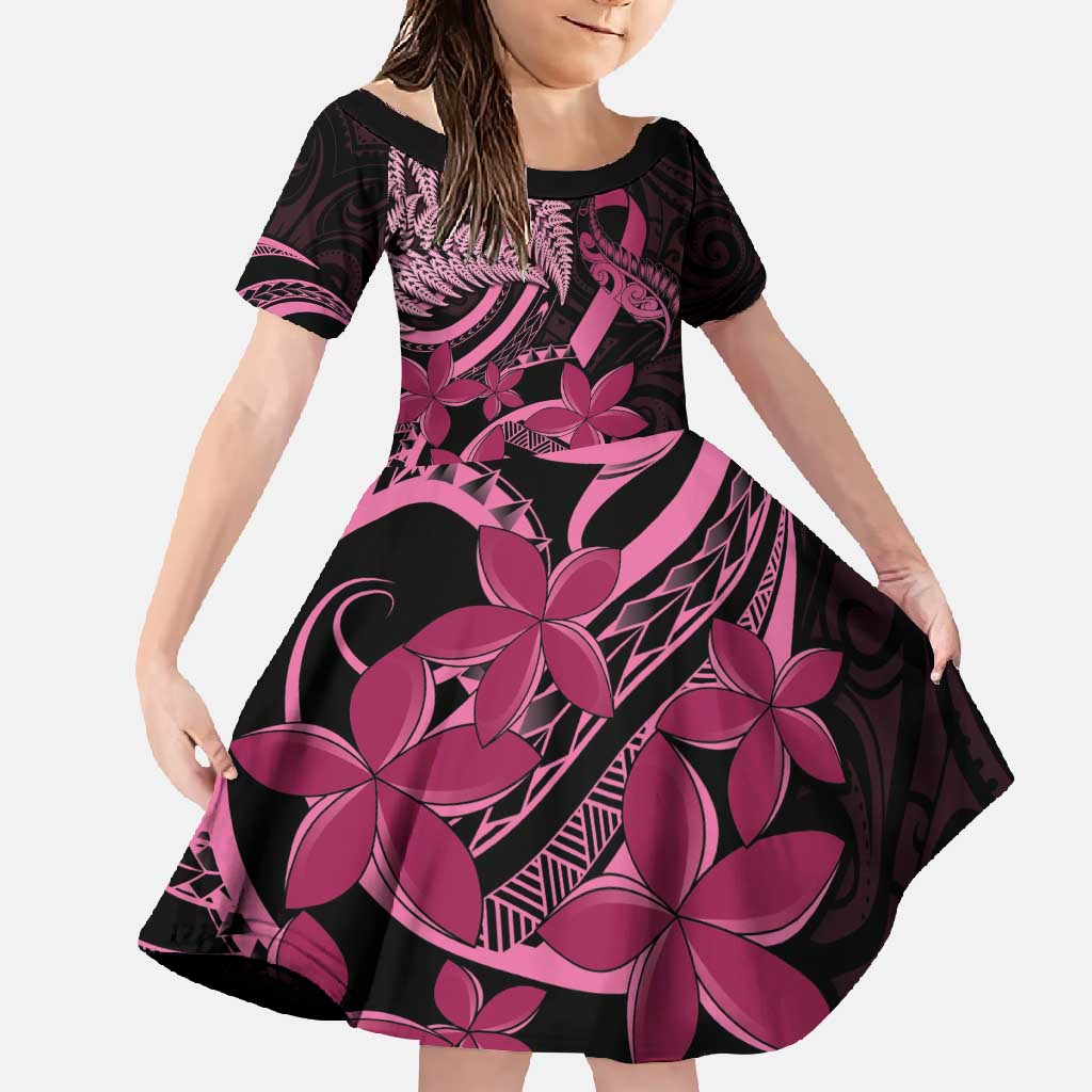 Aotearoa Maori Family Matching Long Sleeve Bodycon Dress and Hawaiian Shirt Pink Fern Ribbons on Black - Polynesian Pride