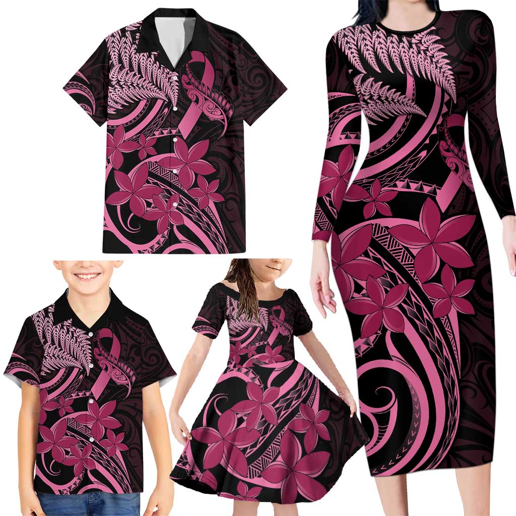 Aotearoa Maori Family Matching Long Sleeve Bodycon Dress and Hawaiian Shirt Pink Fern Ribbons on Black - Polynesian Pride