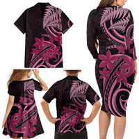 Aotearoa Maori Family Matching Long Sleeve Bodycon Dress and Hawaiian Shirt Pink Fern Ribbons on Black - Polynesian Pride