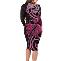 Aotearoa Maori Family Matching Long Sleeve Bodycon Dress and Hawaiian Shirt Pink Fern Ribbons on Black - Polynesian Pride