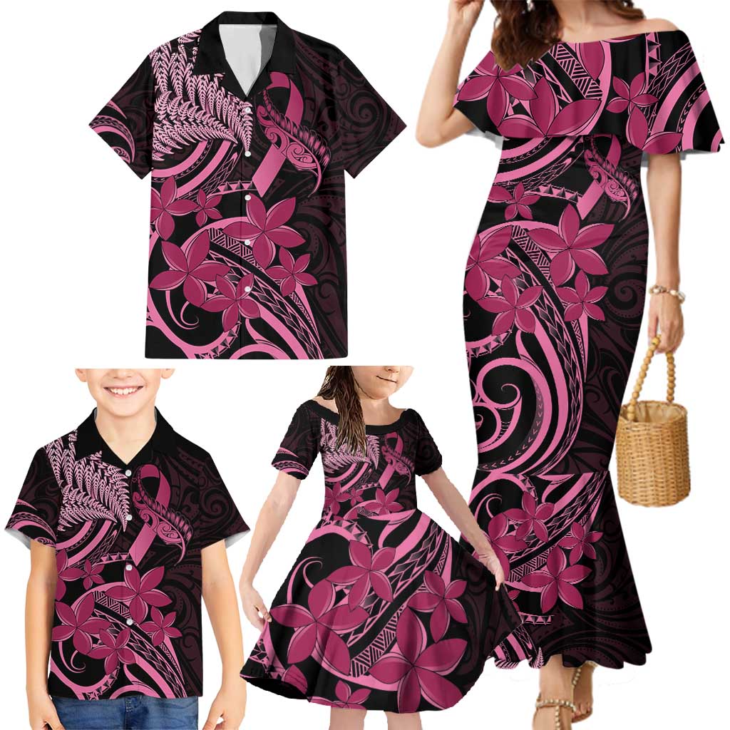 Aotearoa Maori Family Matching Mermaid Dress and Hawaiian Shirt Pink Fern Ribbons on Black - Polynesian Pride