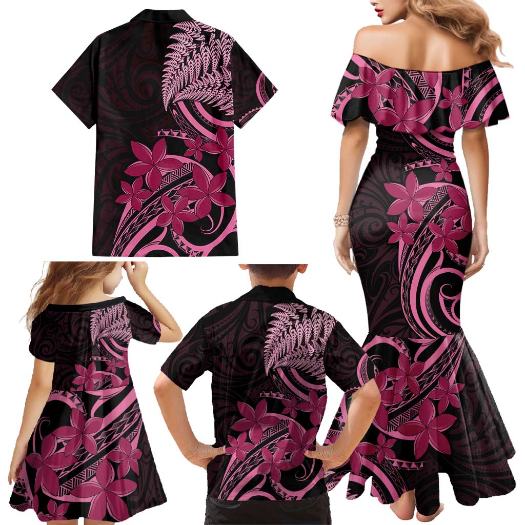 Aotearoa Maori Family Matching Mermaid Dress and Hawaiian Shirt Pink Fern Ribbons on Black - Polynesian Pride