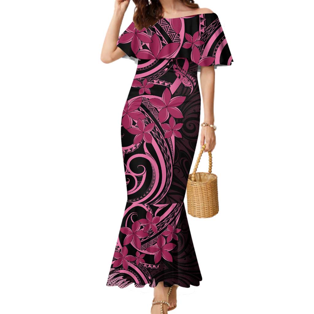 Aotearoa Maori Family Matching Mermaid Dress and Hawaiian Shirt Pink Fern Ribbons on Black - Polynesian Pride