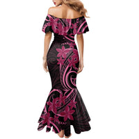 Aotearoa Maori Family Matching Mermaid Dress and Hawaiian Shirt Pink Fern Ribbons on Black - Polynesian Pride