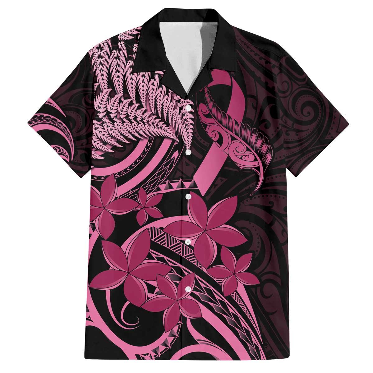Aotearoa Maori Family Matching Off The Shoulder Long Sleeve Dress and Hawaiian Shirt Pink Fern Ribbons on Black - Polynesian Pride