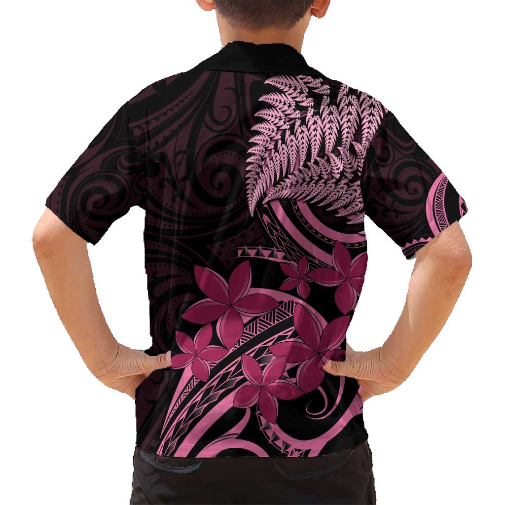 Aotearoa Maori Family Matching Off Shoulder Short Dress and Hawaiian Shirt Pink Fern Ribbons on Black - Polynesian Pride