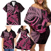 Aotearoa Maori Family Matching Off Shoulder Short Dress and Hawaiian Shirt Pink Fern Ribbons on Black - Polynesian Pride