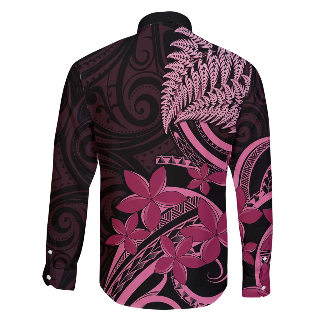 Aotearoa Maori Family Matching Off Shoulder Short Dress and Hawaiian Shirt Pink Fern Ribbons on Black - Polynesian Pride