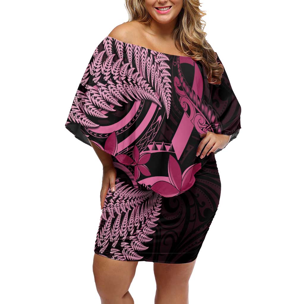 Aotearoa Maori Family Matching Off Shoulder Short Dress and Hawaiian Shirt Pink Fern Ribbons on Black - Polynesian Pride