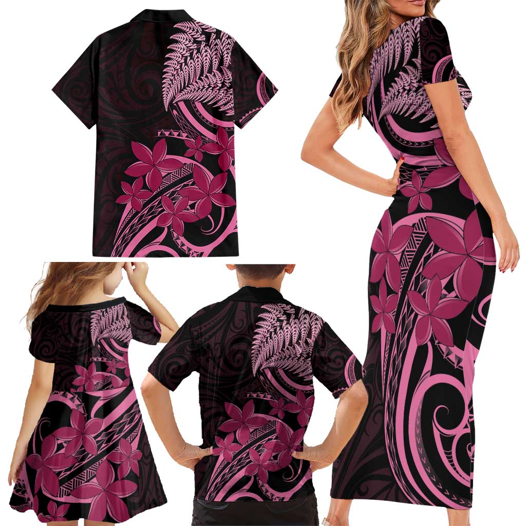 Aotearoa Maori Family Matching Short Sleeve Bodycon Dress and Hawaiian Shirt Pink Fern Ribbons on Black - Polynesian Pride