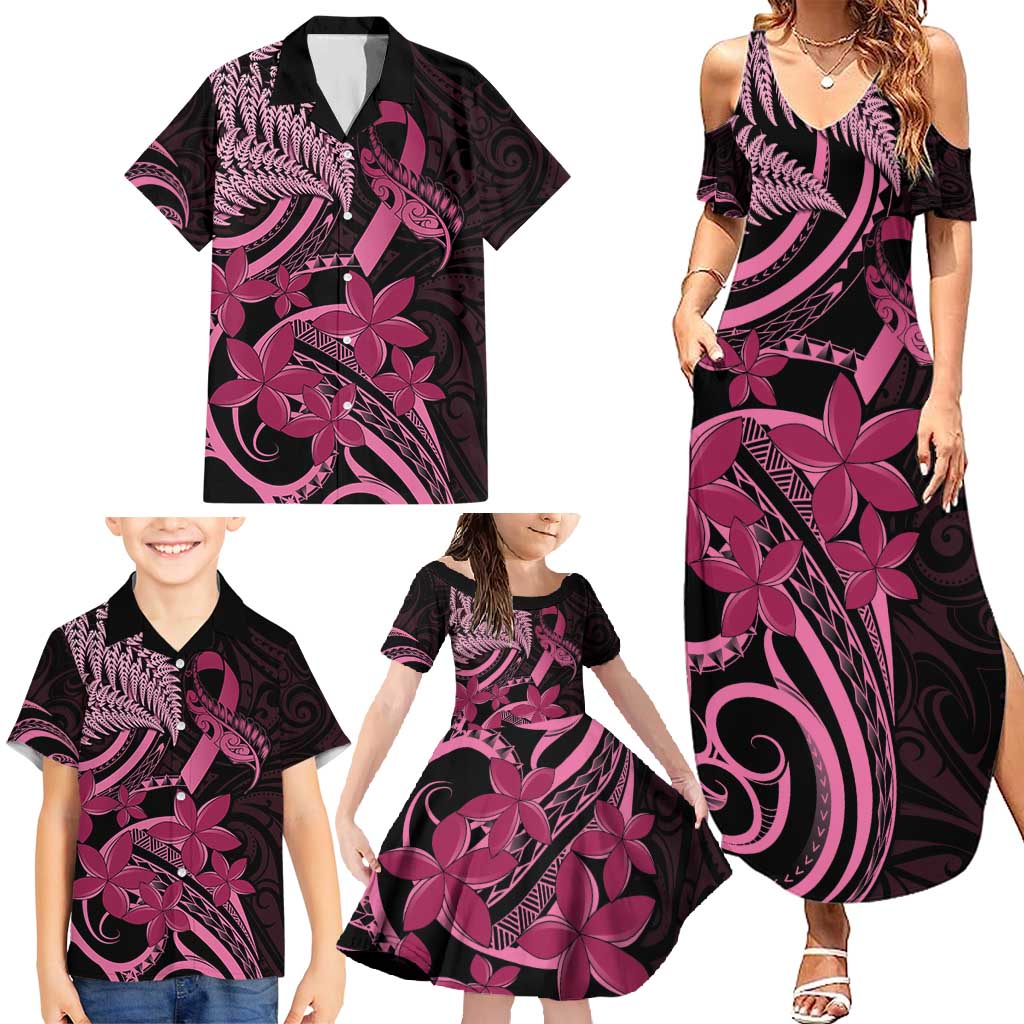 Aotearoa Maori Family Matching Summer Maxi Dress and Hawaiian Shirt Pink Fern Ribbons on Black - Polynesian Pride