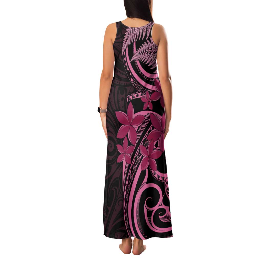 Aotearoa Maori Family Matching Tank Maxi Dress and Hawaiian Shirt Pink Fern Ribbons on Black - Polynesian Pride