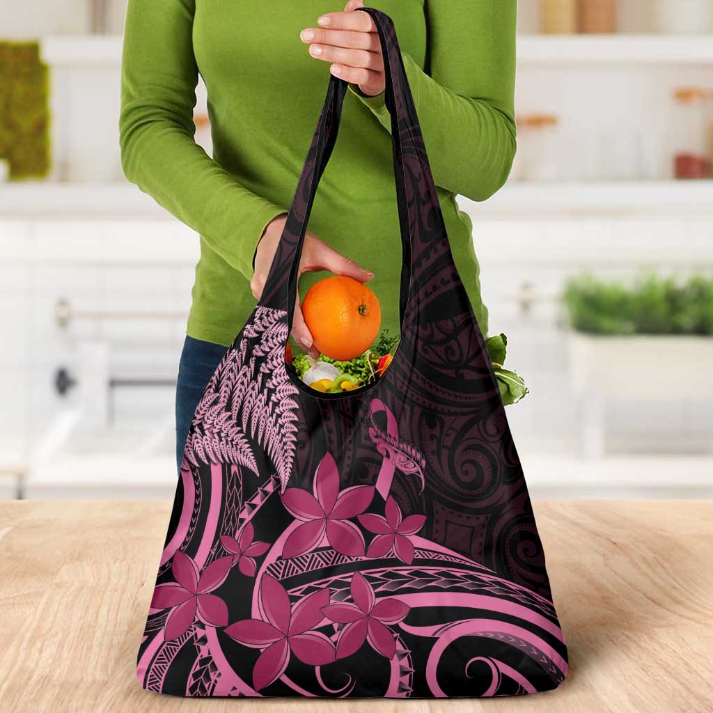 Aotearoa Maori Grocery Bag Pink Fern Ribbons on Black - Polynesian Pride