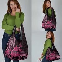 Aotearoa Maori Grocery Bag Pink Fern Ribbons on Black - Polynesian Pride