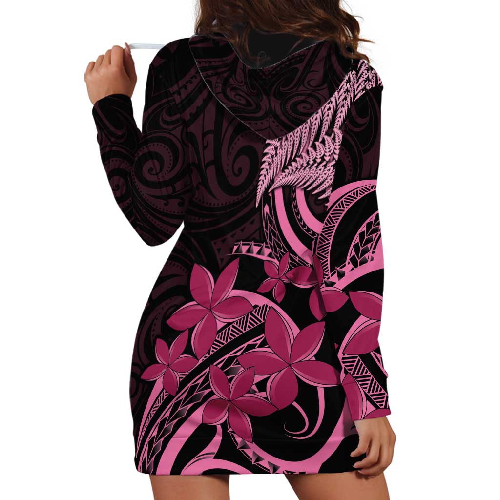 Aotearoa Maori Hoodie Dress Pink Fern Ribbons on Black - Polynesian Pride