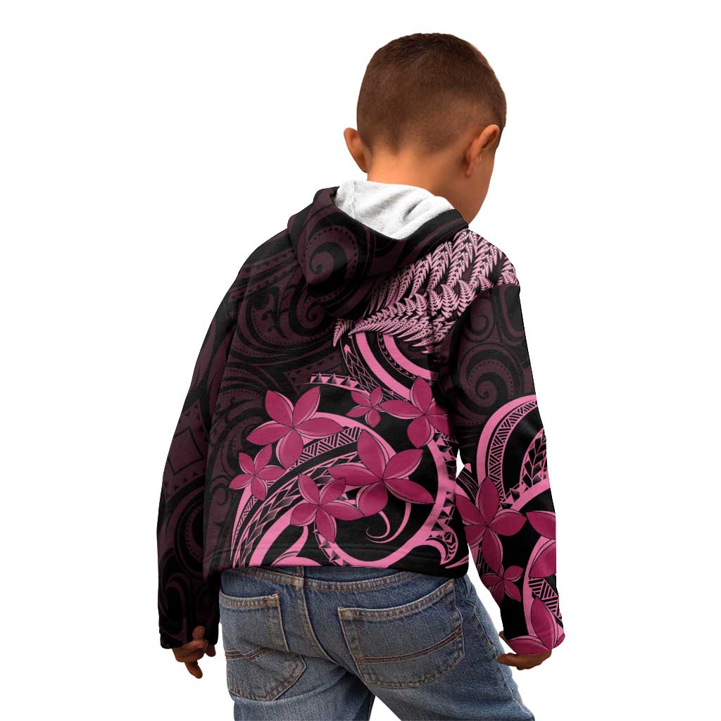 Aotearoa Maori Kid Hoodie Pink Fern Ribbons on Black - Polynesian Pride