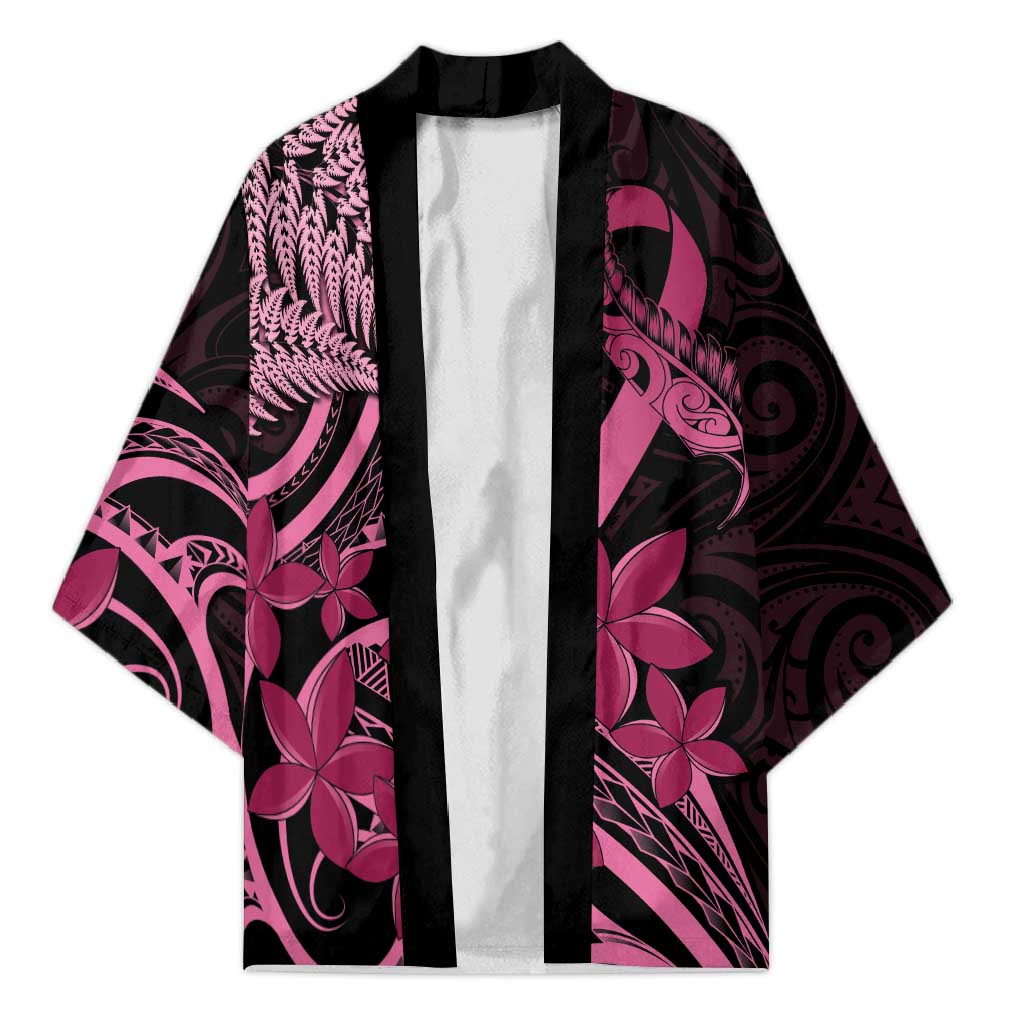 Aotearoa Maori Kimono Pink Fern Ribbons on Black - Polynesian Pride