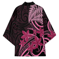 Aotearoa Maori Kimono Pink Fern Ribbons on Black - Polynesian Pride