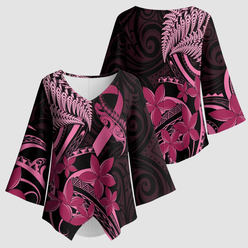Aotearoa Maori Kimono Sleeve Blouse Pink Fern Ribbons on Black - Polynesian Pride