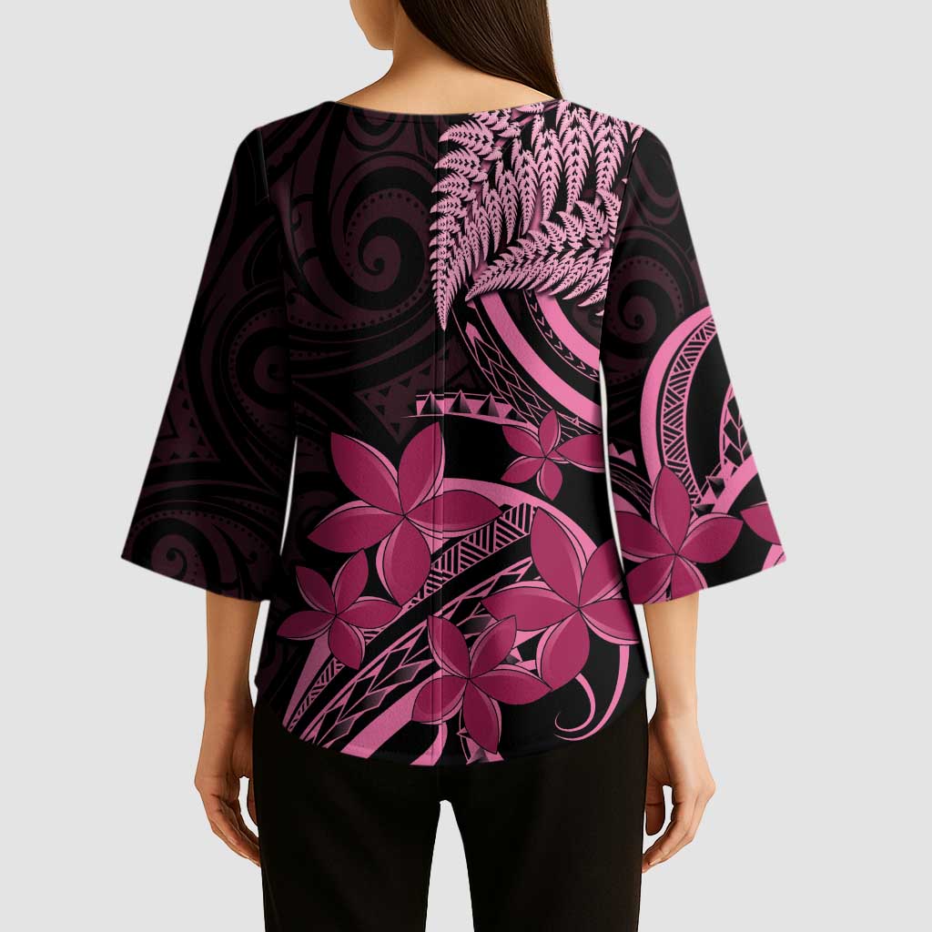 Aotearoa Maori Kimono Sleeve Blouse Pink Fern Ribbons on Black - Polynesian Pride