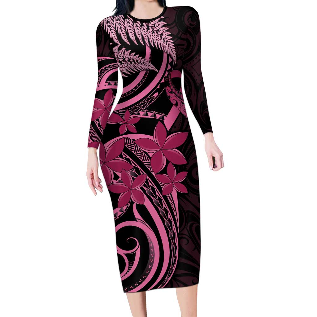 Aotearoa Maori Long Sleeve Bodycon Dress Pink Fern Ribbons on Black - Polynesian Pride