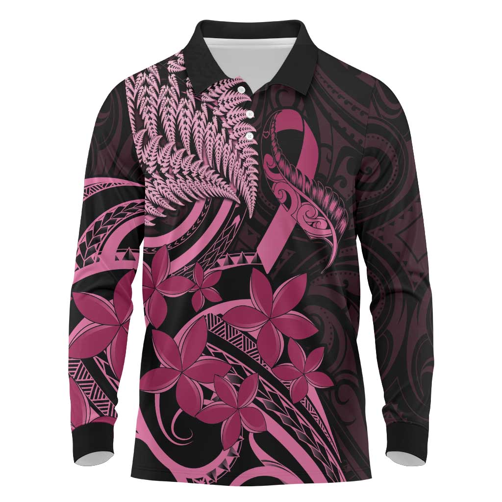 Aotearoa Maori Long Sleeve Polo Shirt Pink Fern Ribbons on Black - Polynesian Pride