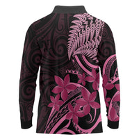 Aotearoa Maori Long Sleeve Polo Shirt Pink Fern Ribbons on Black - Polynesian Pride