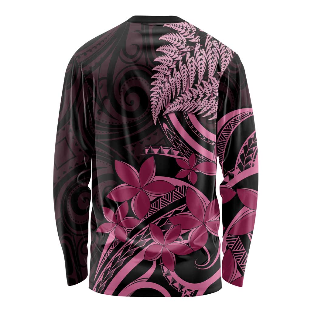 Aotearoa Maori Long Sleeve Shirt Pink Fern Ribbons on Black - Polynesian Pride