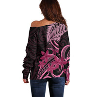 Aotearoa Maori Off Shoulder Sweater Pink Fern Ribbons on Black - Polynesian Pride