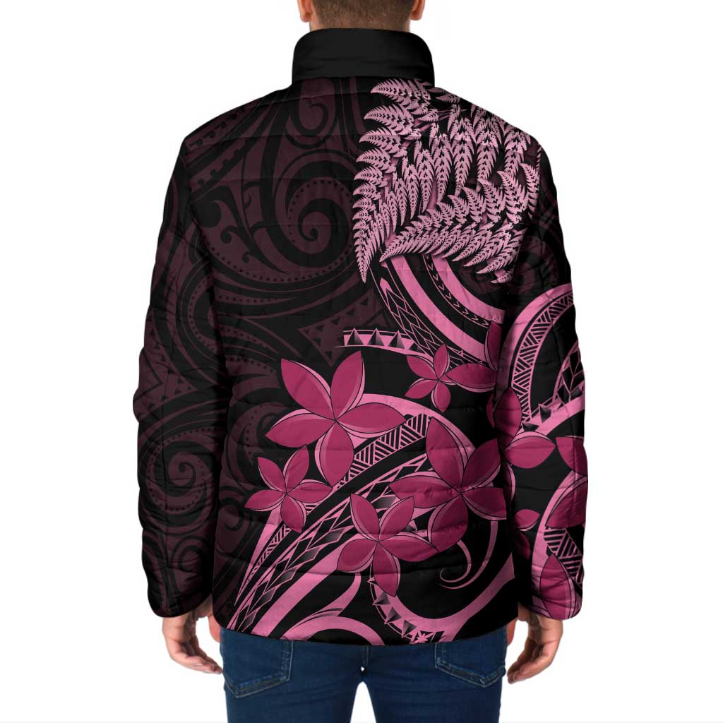 Aotearoa Maori Padded Jacket Pink Fern Ribbons on Black - Polynesian Pride