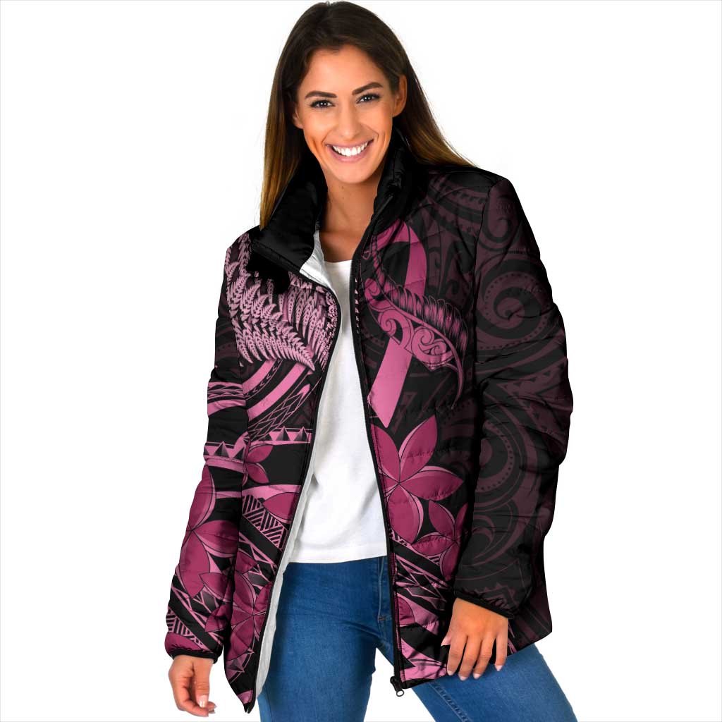 Aotearoa Maori Padded Jacket Pink Fern Ribbons on Black - Polynesian Pride