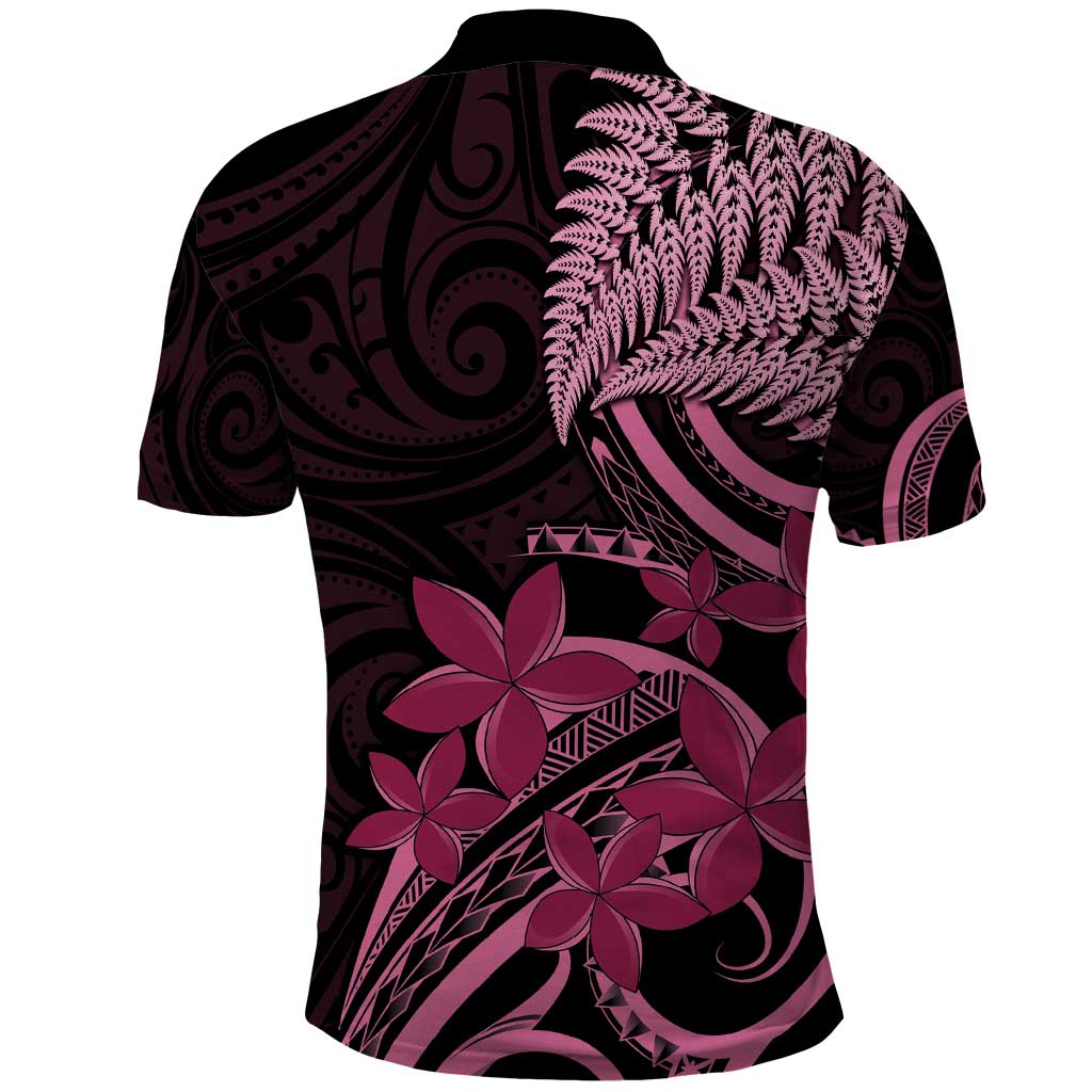 Aotearoa Maori Polo Shirt Pink Fern Ribbons on Black - Polynesian Pride