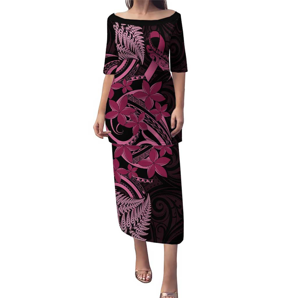 Aotearoa Maori Puletasi Pink Fern Ribbons on Black - Polynesian Pride