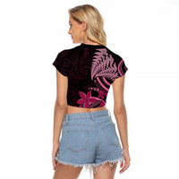 Aotearoa Maori Raglan Cropped T Shirt Pink Fern Ribbons on Black - Polynesian Pride