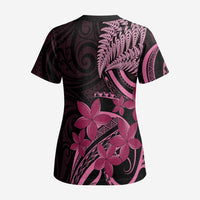 Aotearoa Maori Scrub Top Pink Fern Ribbons on Black - Polynesian Pride