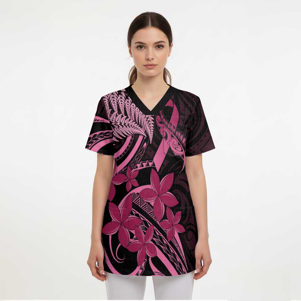 Aotearoa Maori Scrub Top Pink Fern Ribbons on Black - Polynesian Pride