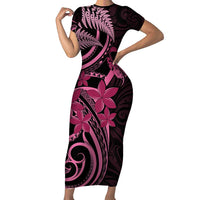 Aotearoa Maori Short Sleeve Bodycon Dress Pink Fern Ribbons on Black - Polynesian Pride