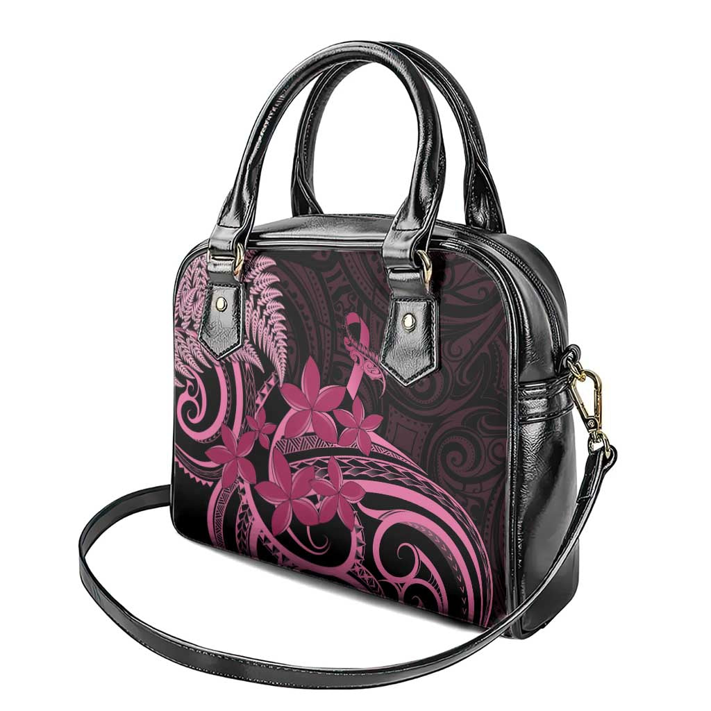 Aotearoa Maori Shoulder Handbag Pink Fern Ribbons on Black - Polynesian Pride