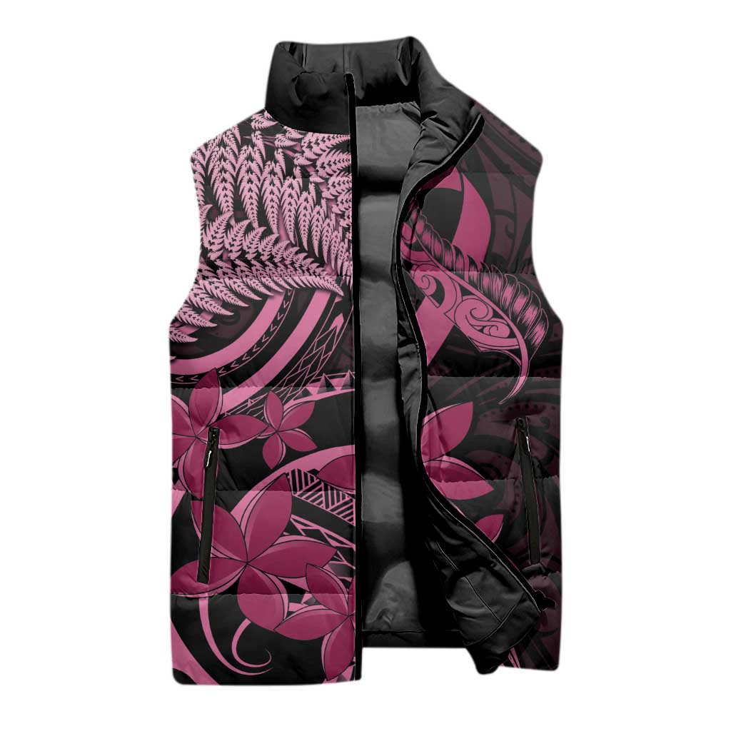 Aotearoa Maori Sleeveless Puffer Jacket Pink Fern Ribbons on Black - Polynesian Pride
