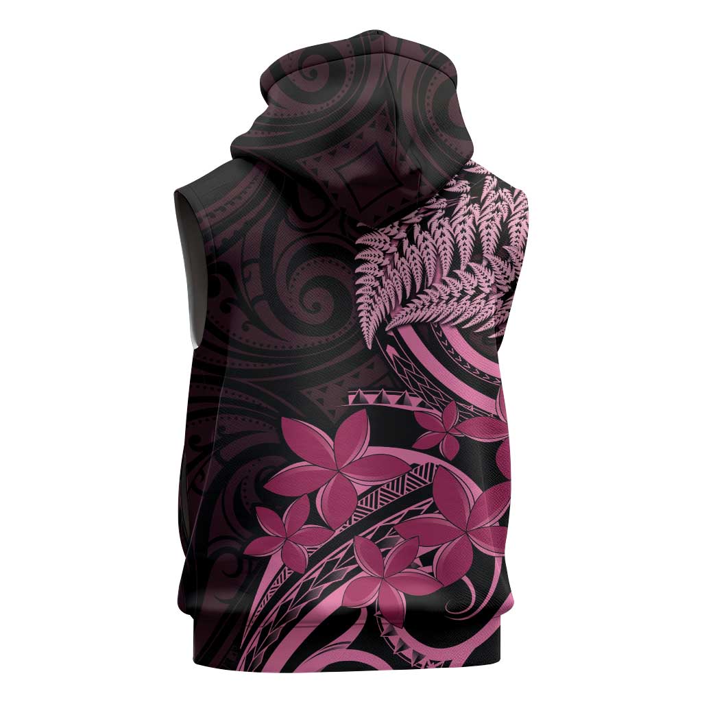 Aotearoa Maori Sleeveless Zip Hoodie Pink Fern Ribbons on Black LT7 - Polynesian Pride