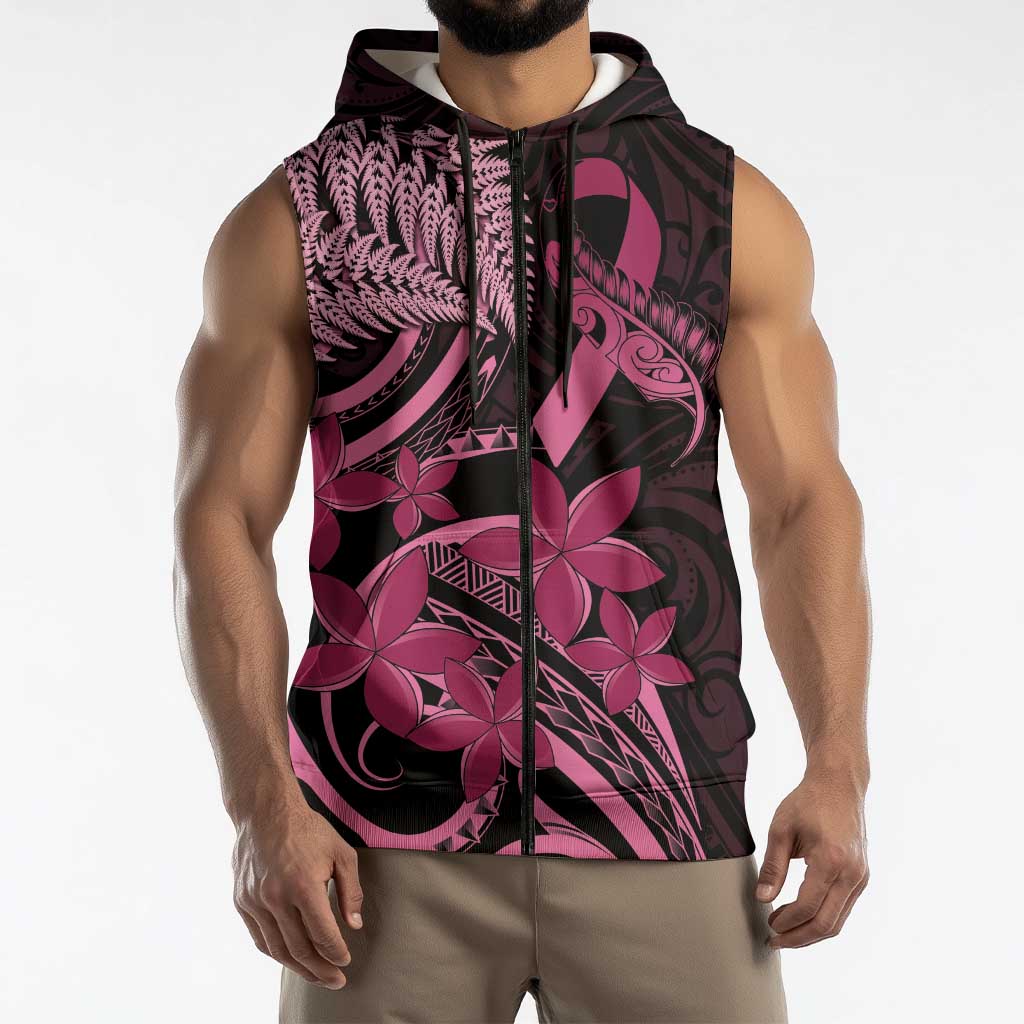Aotearoa Maori Sleeveless Zip Hoodie Pink Fern Ribbons on Black LT7 - Polynesian Pride