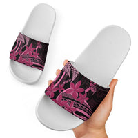 Aotearoa Maori Slide Sandals Pink Fern Ribbons on Black - Polynesian Pride